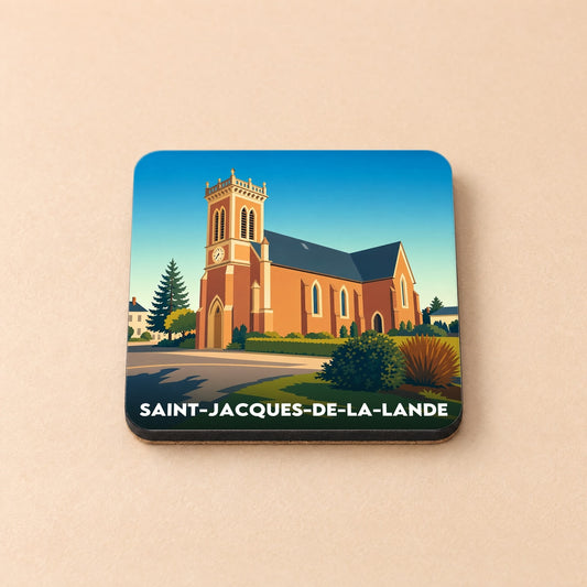 Dessous de verre souvenir de la ville de Saint-Jacques-de-la-Lande avec une illustration stylisée de son église.