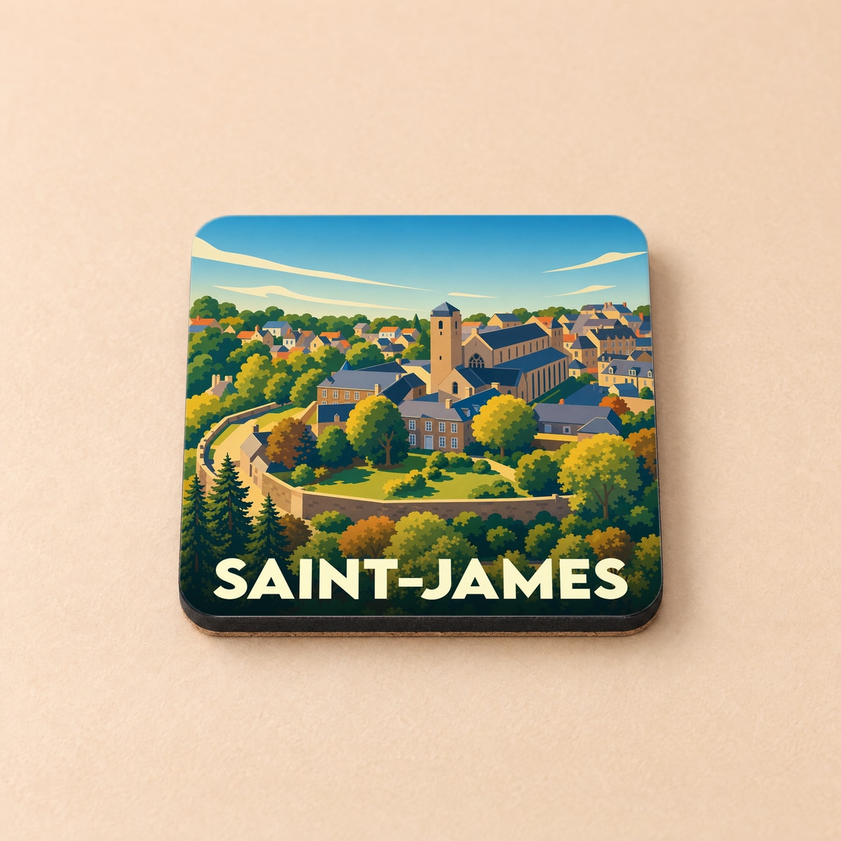Dessous de verre souvenir de la ville de Saint-James avec une illustration stylisée.