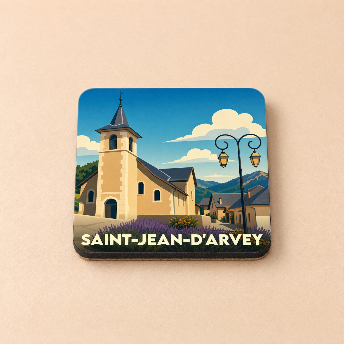 Dessous de verre souvenir de Saint-Jean-d'Arvey illustrant l'église du village dans un style graphique épuré.