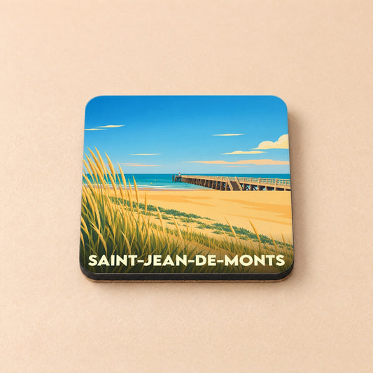 Dessous de verre souvenir de la ville de Saint-Jean-de-Monts avec une illustration stylisée de sa plage et de son estacade.