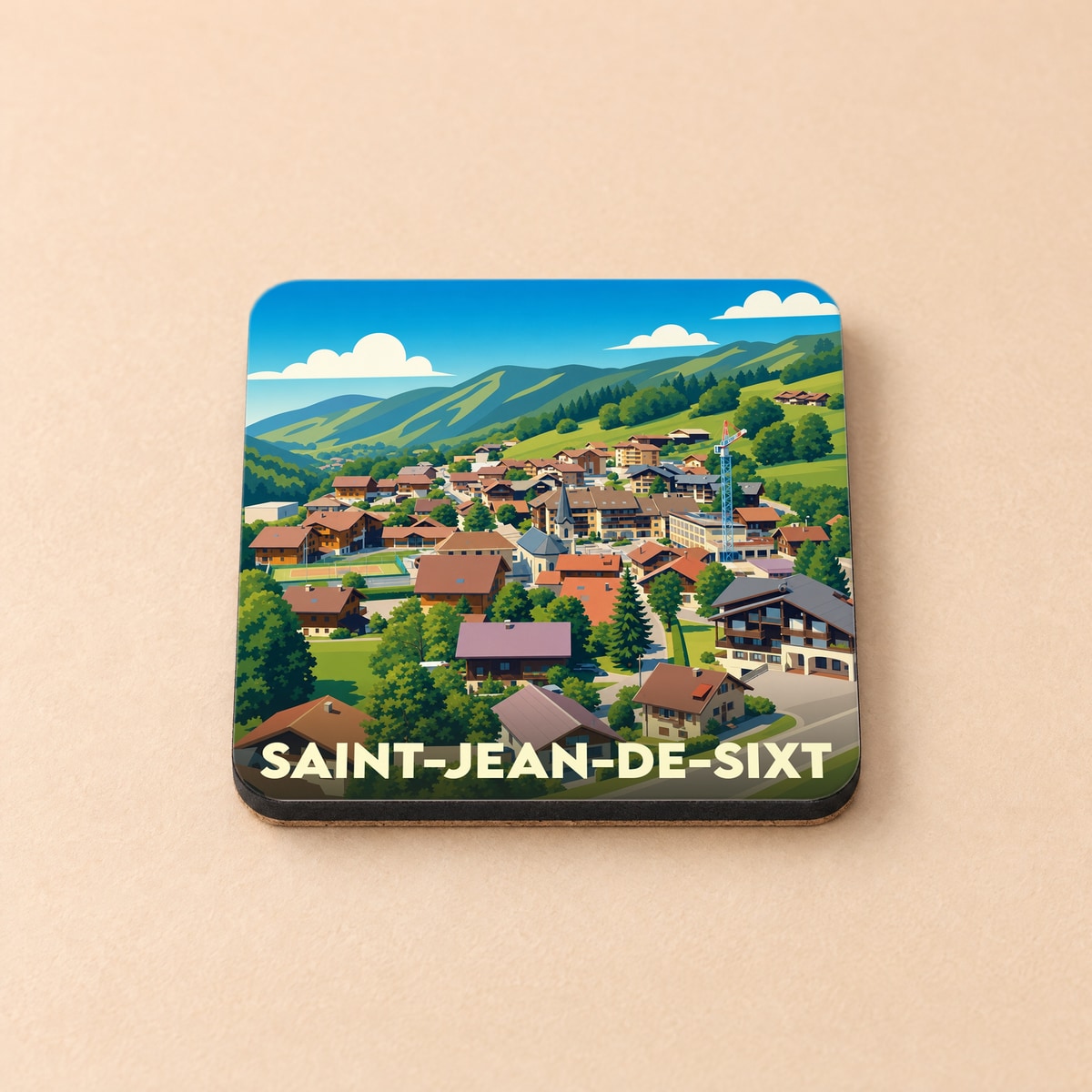Dessous de verre souvenir de la ville de Saint-Jean-de-Sixt avec une illustration stylisée d'un village de montagne.