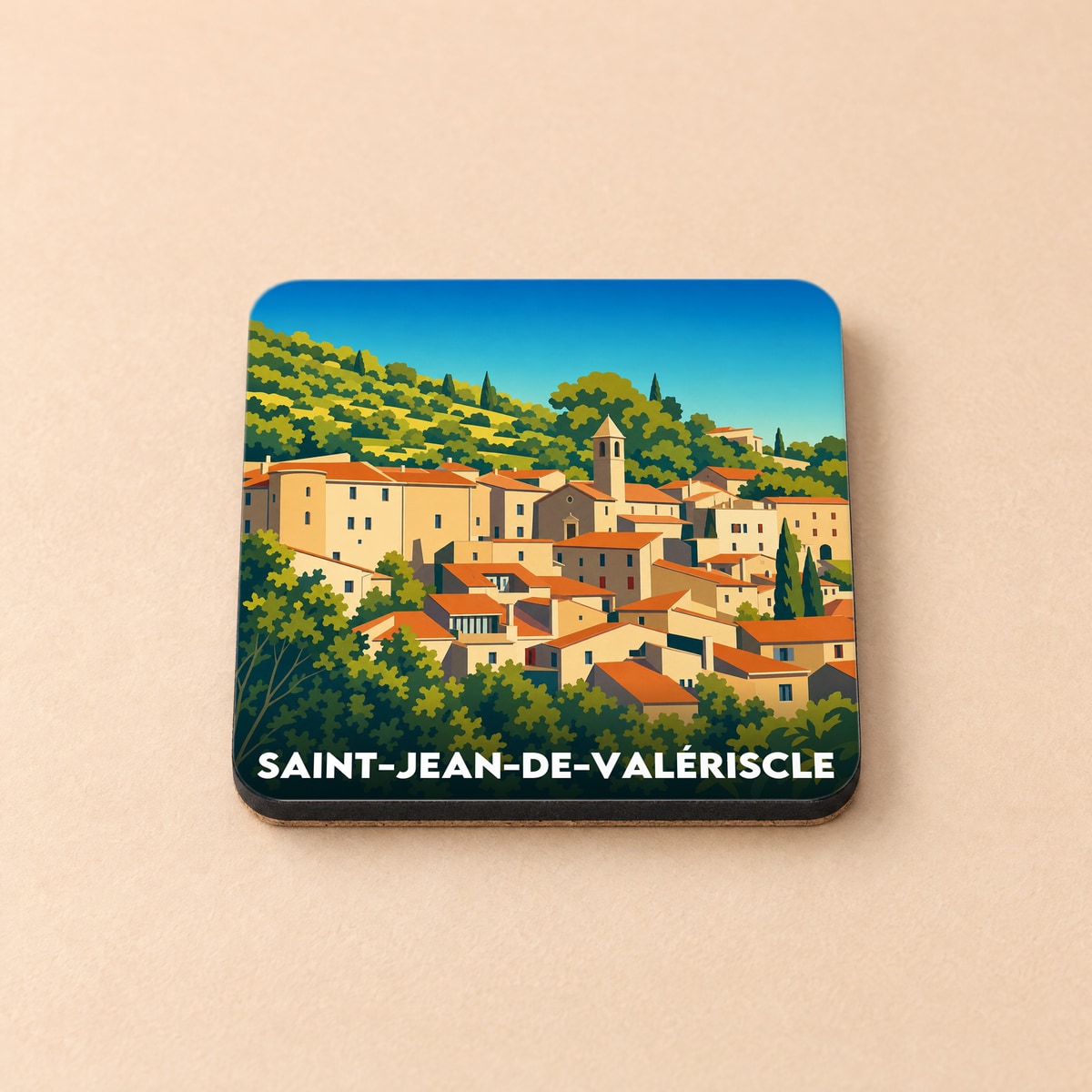 Dessous de verre souvenir de la ville de Saint-Jean-de-Valériscle avec une illustration stylisée.