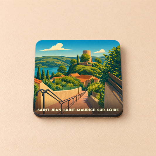 Dessous de verre souvenir de la ville de Saint-Jean-Saint-Maurice-sur-Loire avec une illustration stylisée.