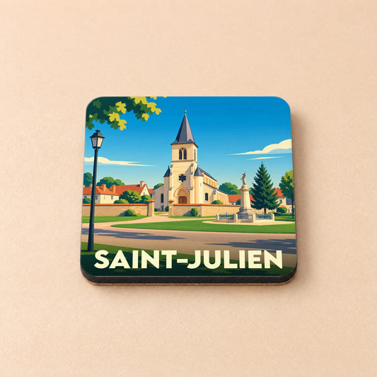 Dessous de verre souvenir de la ville de Saint-Julien avec une illustration stylisée de son église.