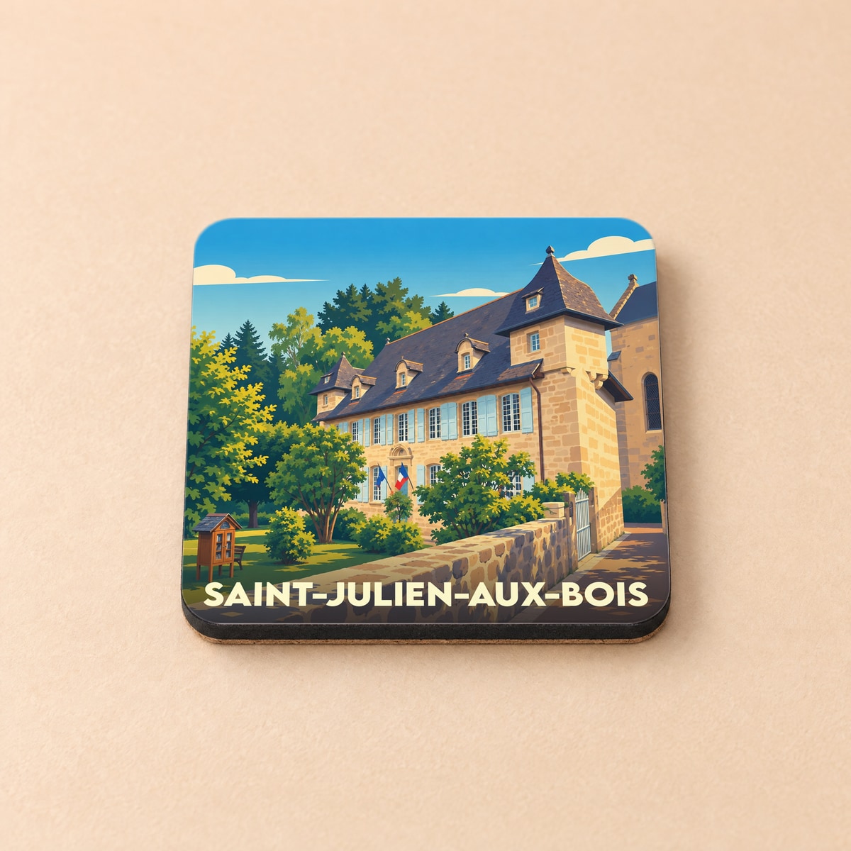 Dessous de verre souvenir de la ville de Saint-Julien-aux-Bois avec une illustration stylisée d'un bâtiment historique.