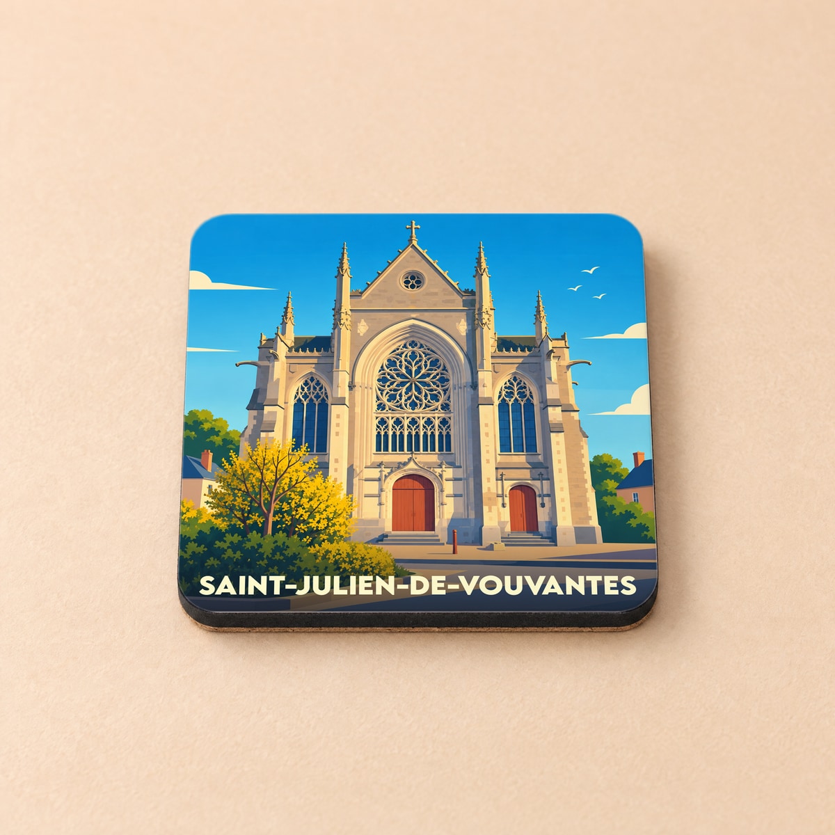 Dessous de verre souvenir de la ville de Saint-Julien-de-Vouvantes avec une illustration stylisée de son église.