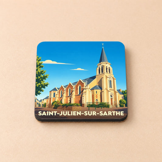 Dessous de verre souvenir de la ville de Saint-Julien-sur-Sarthe avec une illustration stylisée de son église.