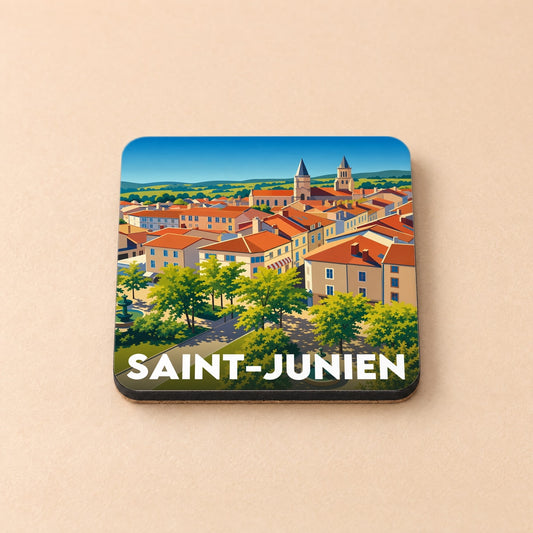 Dessous de verre souvenir de la ville de Saint-Junien avec une illustration stylisée.