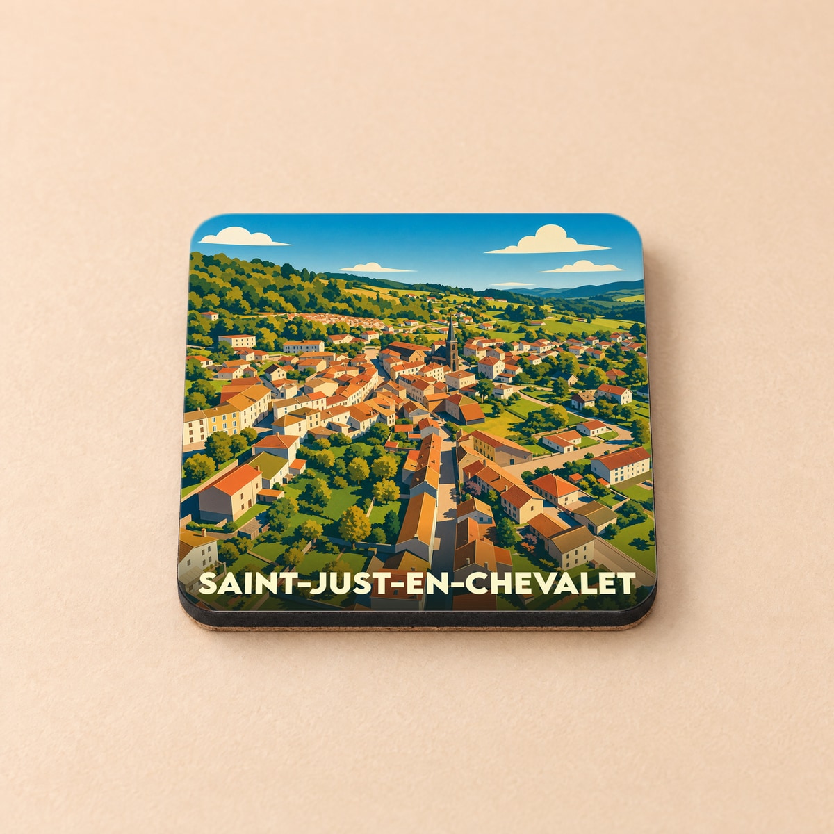 Dessous de verre souvenir de la ville de Saint-Just-en-Chevalet avec une illustration panoramique stylisée.
