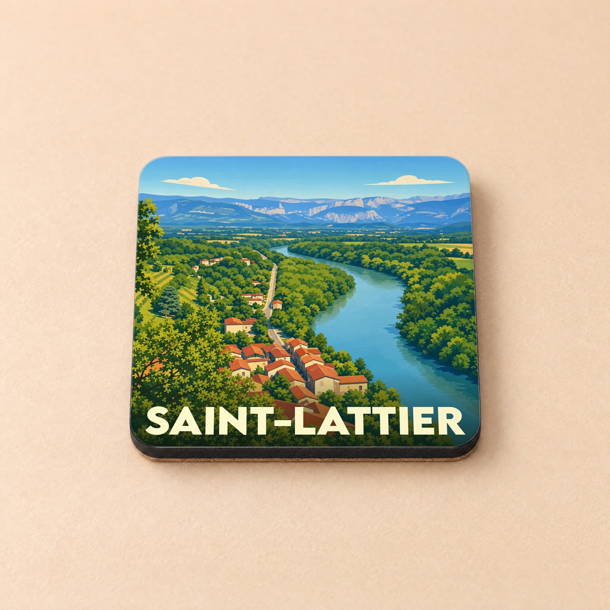 Dessous de verre souvenir de la ville de Saint-Lattier avec une illustration de paysage stylisée.