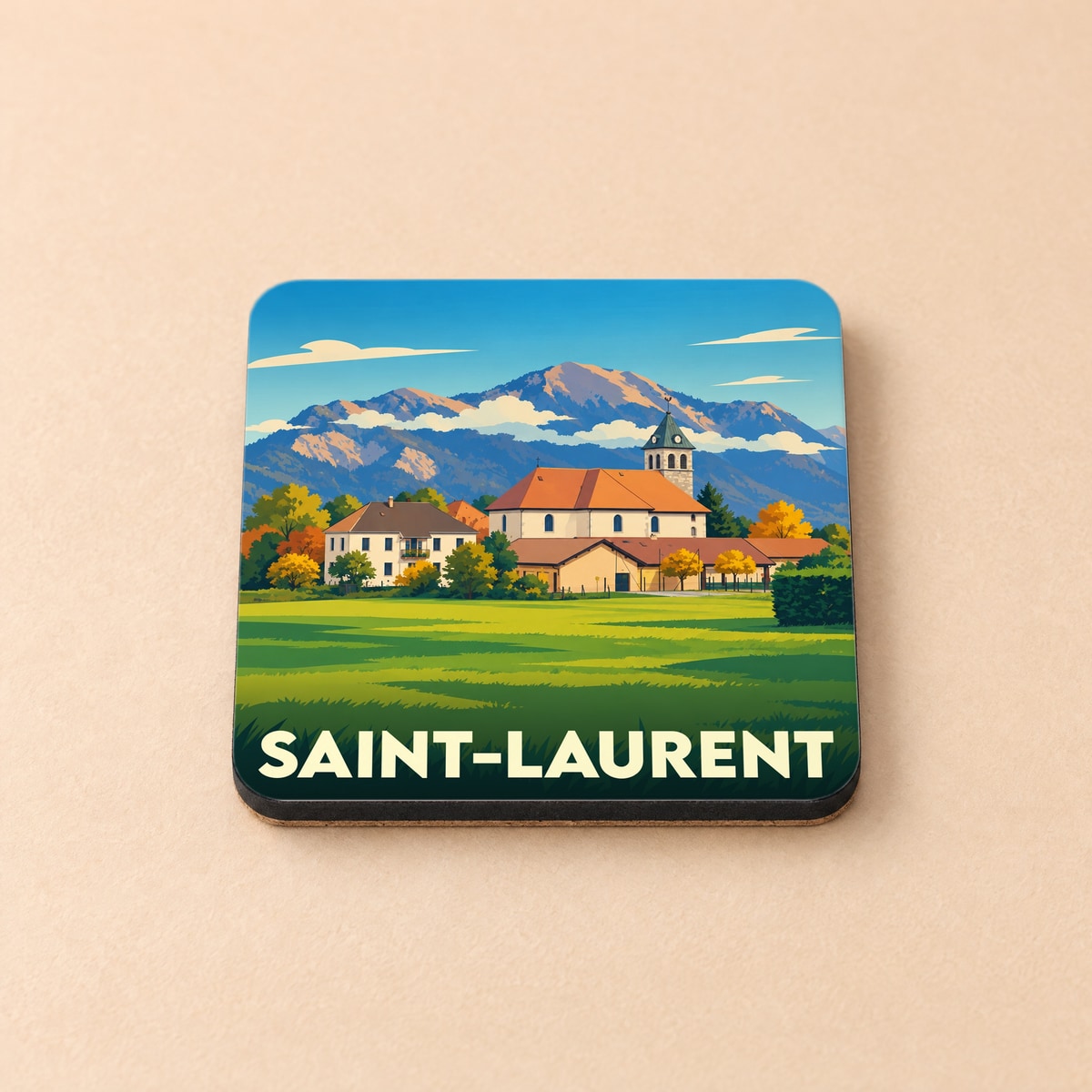 Dessous de verre souvenir de la ville de Saint-Laurent avec une illustration stylisée de paysages montagneux.