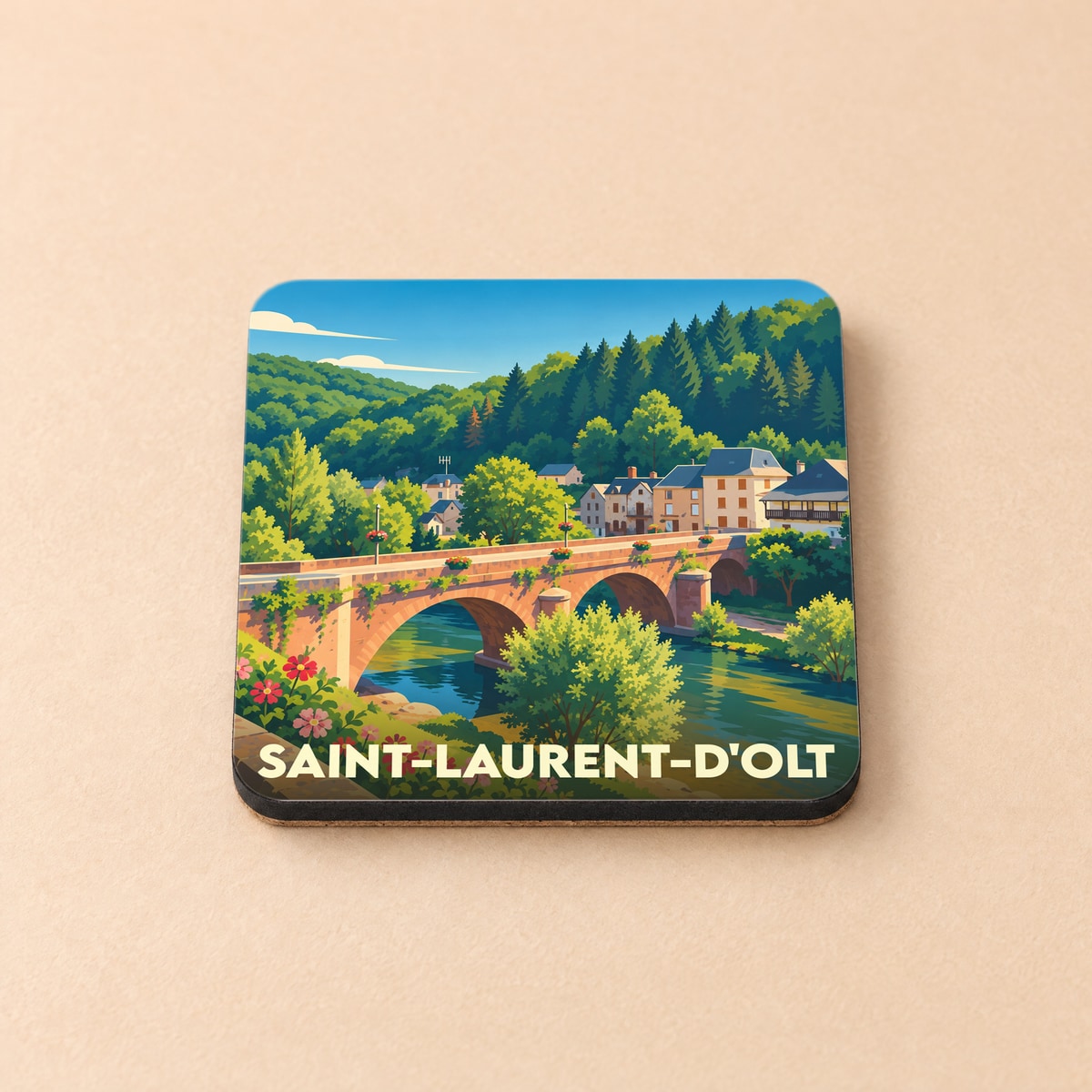 Dessous de verre souvenir de la ville de Saint-Laurent-d'Olt avec une illustration stylisée de son pont et de ses paysages.
