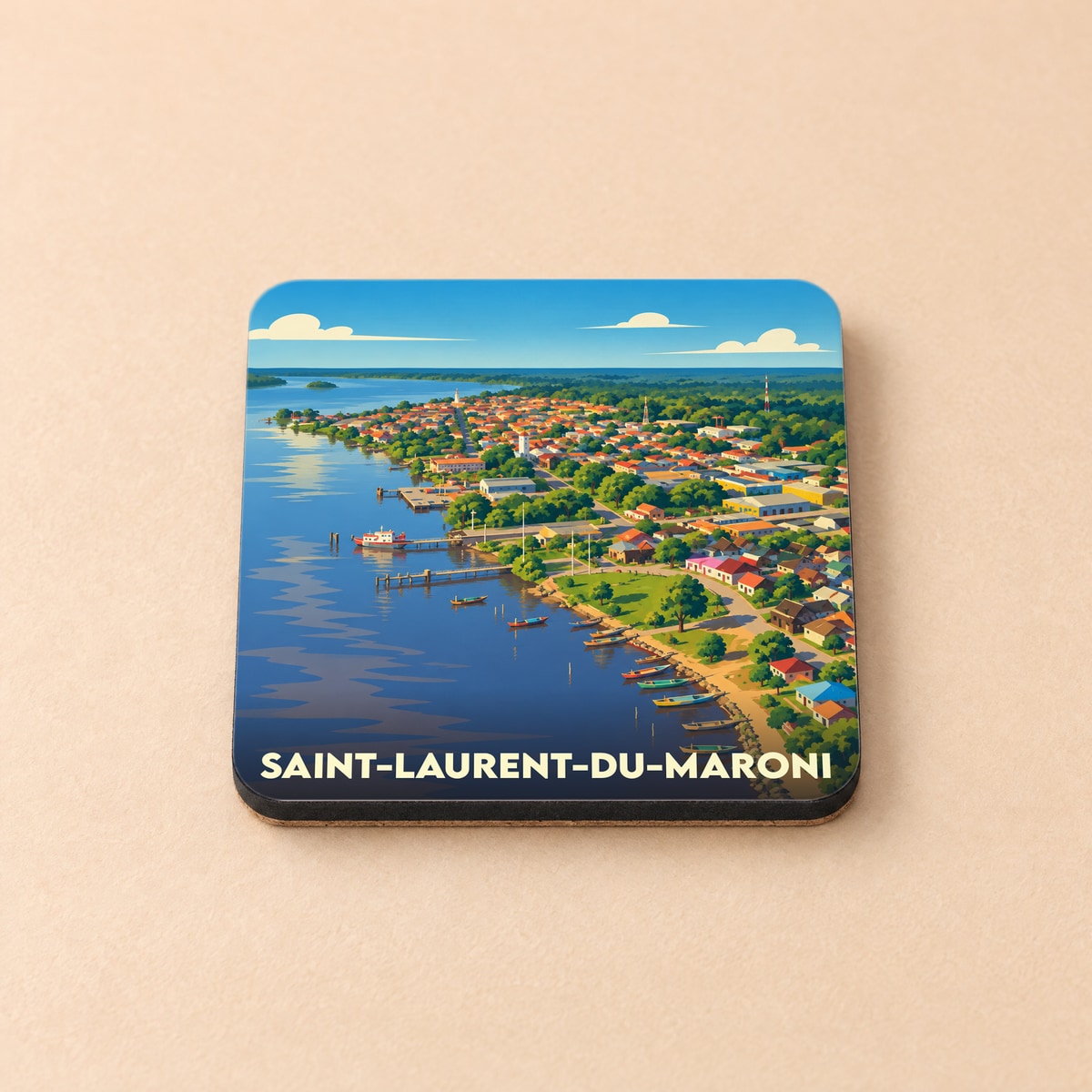 Dessous de verre souvenir de la ville de Saint-Laurent-du-Maroni avec une illustration stylisée.
