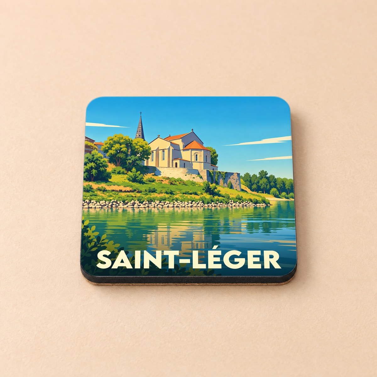 Dessous de verre souvenir de la ville de Saint-Léger avec une illustration stylisée.