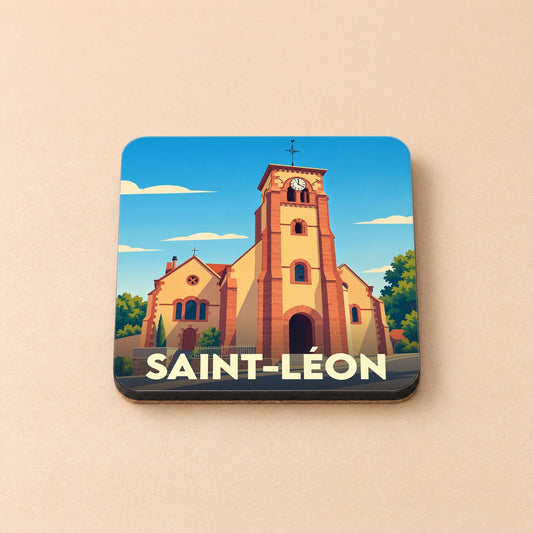 Dessous de verre souvenir de la ville de Saint-Léon avec une illustration stylisée de son église.