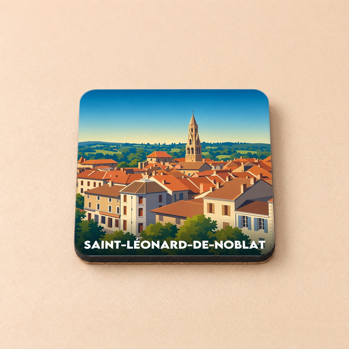 Dessous de verre souvenir de la ville de Saint-Léonard-de-Noblat avec une illustration stylisée de ses toits et de son clocher.