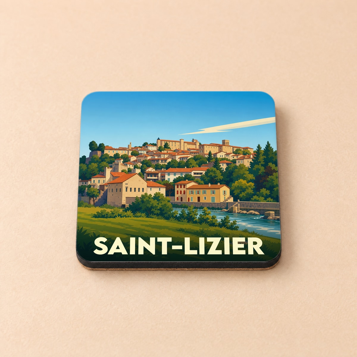 Dessous de verre souvenir de la ville de Saint-Lizier avec une illustration stylisée.