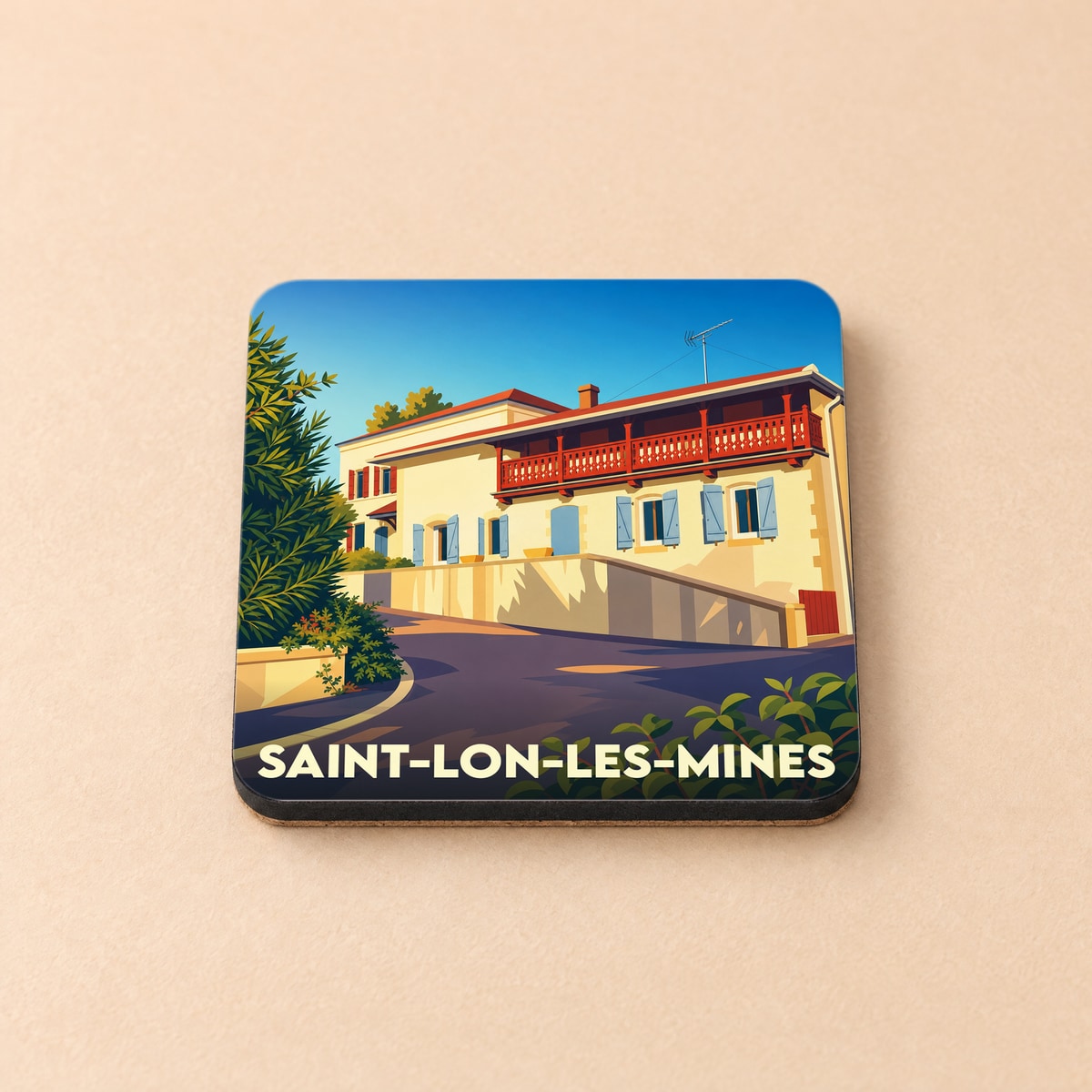 Dessous de verre souvenir de la ville de Saint-Lon-les-Mines avec une illustration stylisée d'une maison landaise.