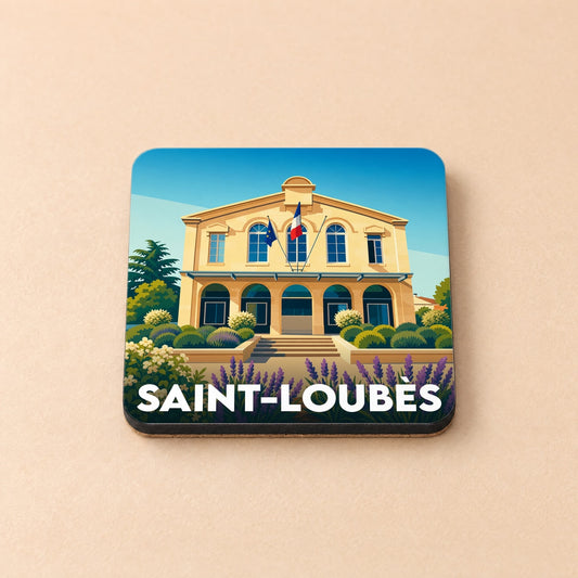 Dessous de verre souvenir de la ville de Saint-Loubès avec une illustration stylisée de sa mairie.