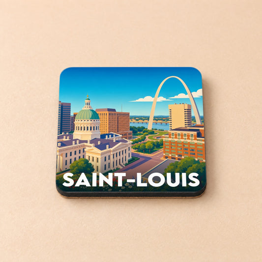 Dessous de verre souvenir de la ville de Saint-Louis avec une illustration stylisée de ses monuments emblématiques.