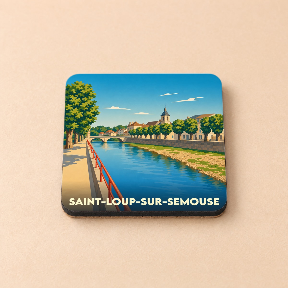 Dessous de verre souvenir de la ville de Saint-Loup-sur-Semouse avec une illustration stylisée d'un canal.
