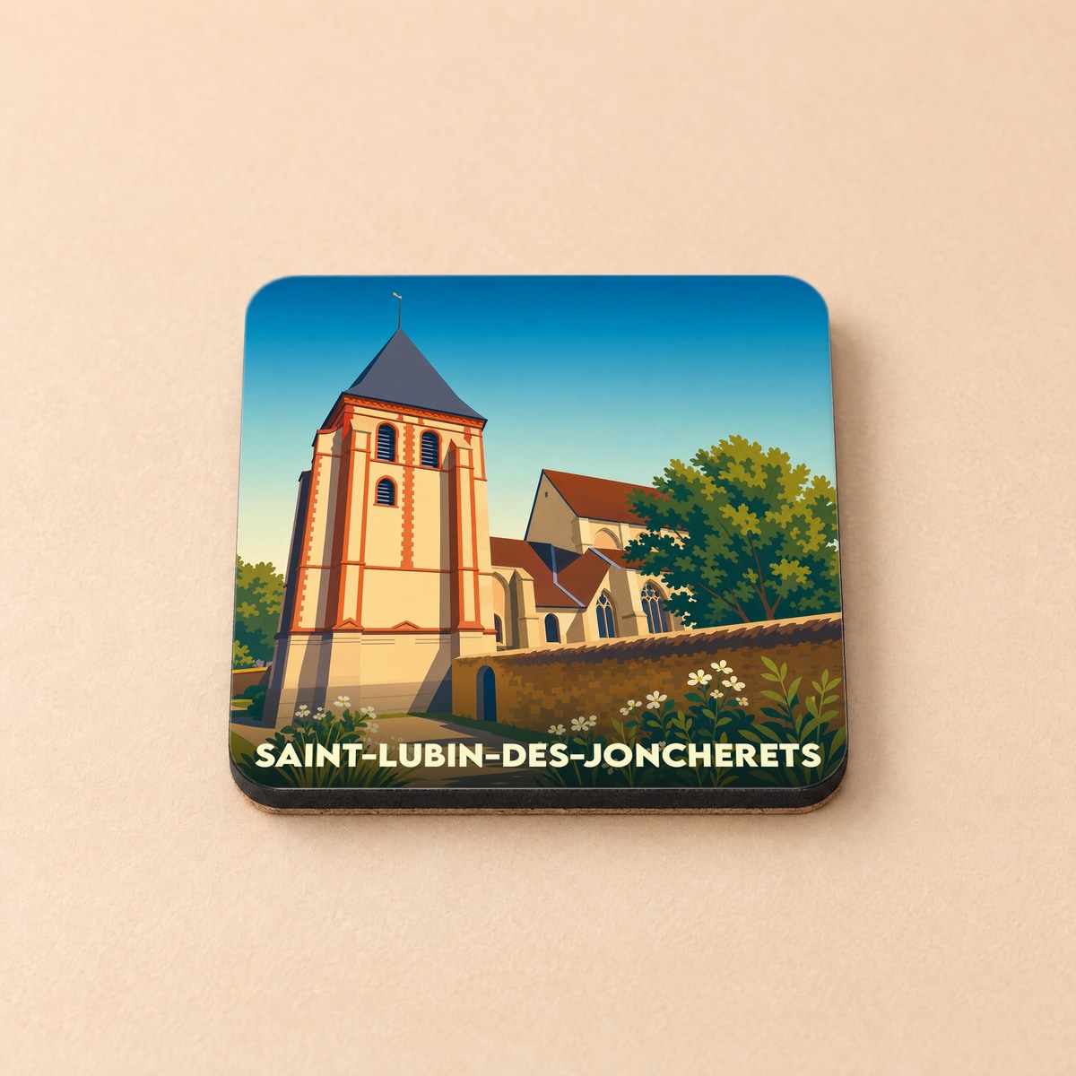 Dessous de verre souvenir de la ville de Saint-Lubin-des-Joncherets avec une illustration stylisée de son église.