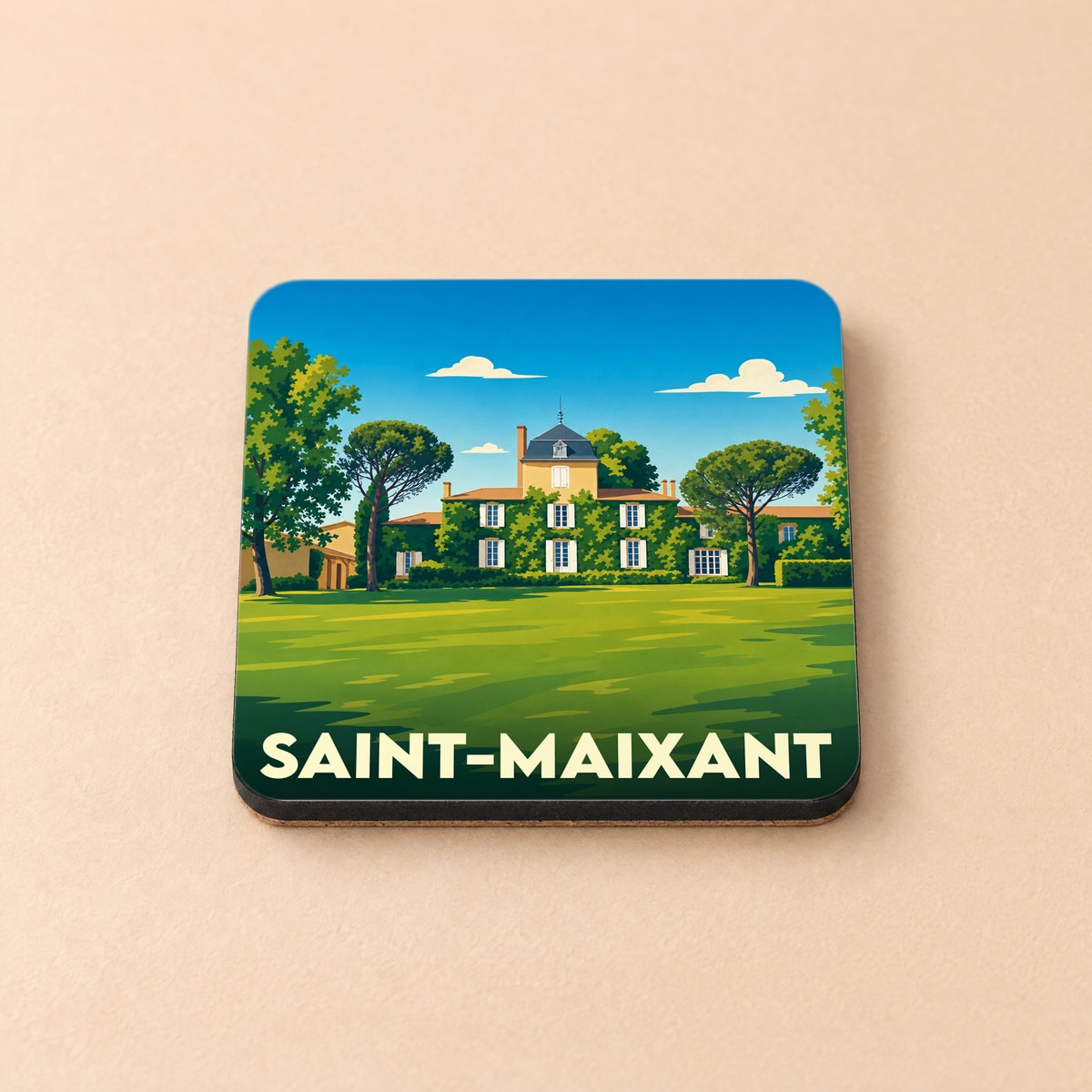 Dessous de verre souvenir de la ville de Saint-Maixant avec une illustration stylisée d'un château.