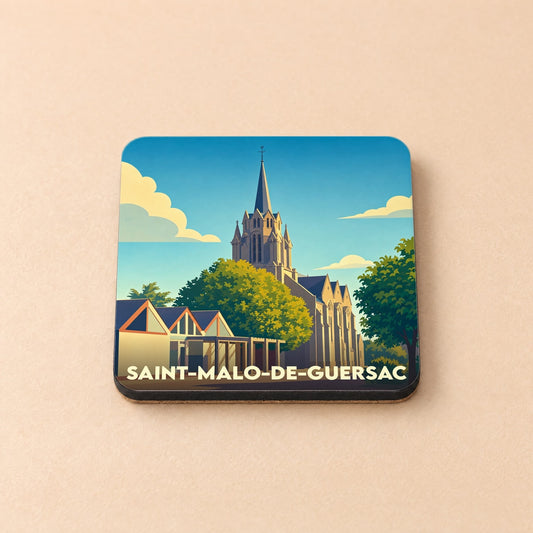 Dessous de verre souvenir de la ville de Saint-Malo-de-Guersac avec une illustration stylisée de son église.