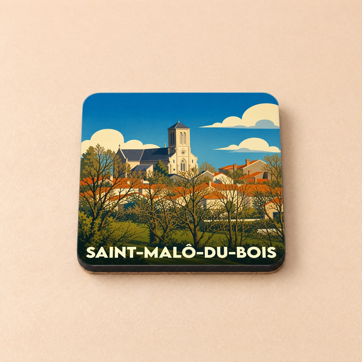 Dessous de verre souvenir de la ville de Saint-Malô-du-Bois avec une illustration stylisée.