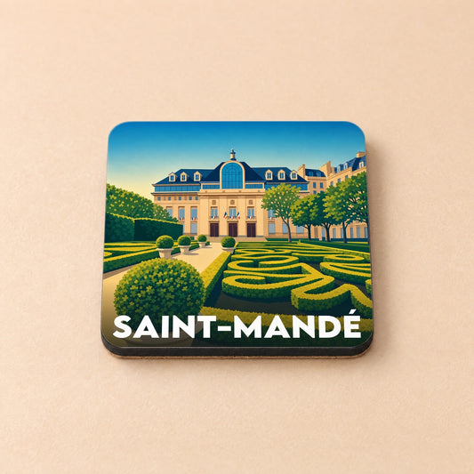 Dessous de verre souvenir de la ville de Saint-Mandé avec une illustration stylisée de l'hôtel de ville et de ses jardins.