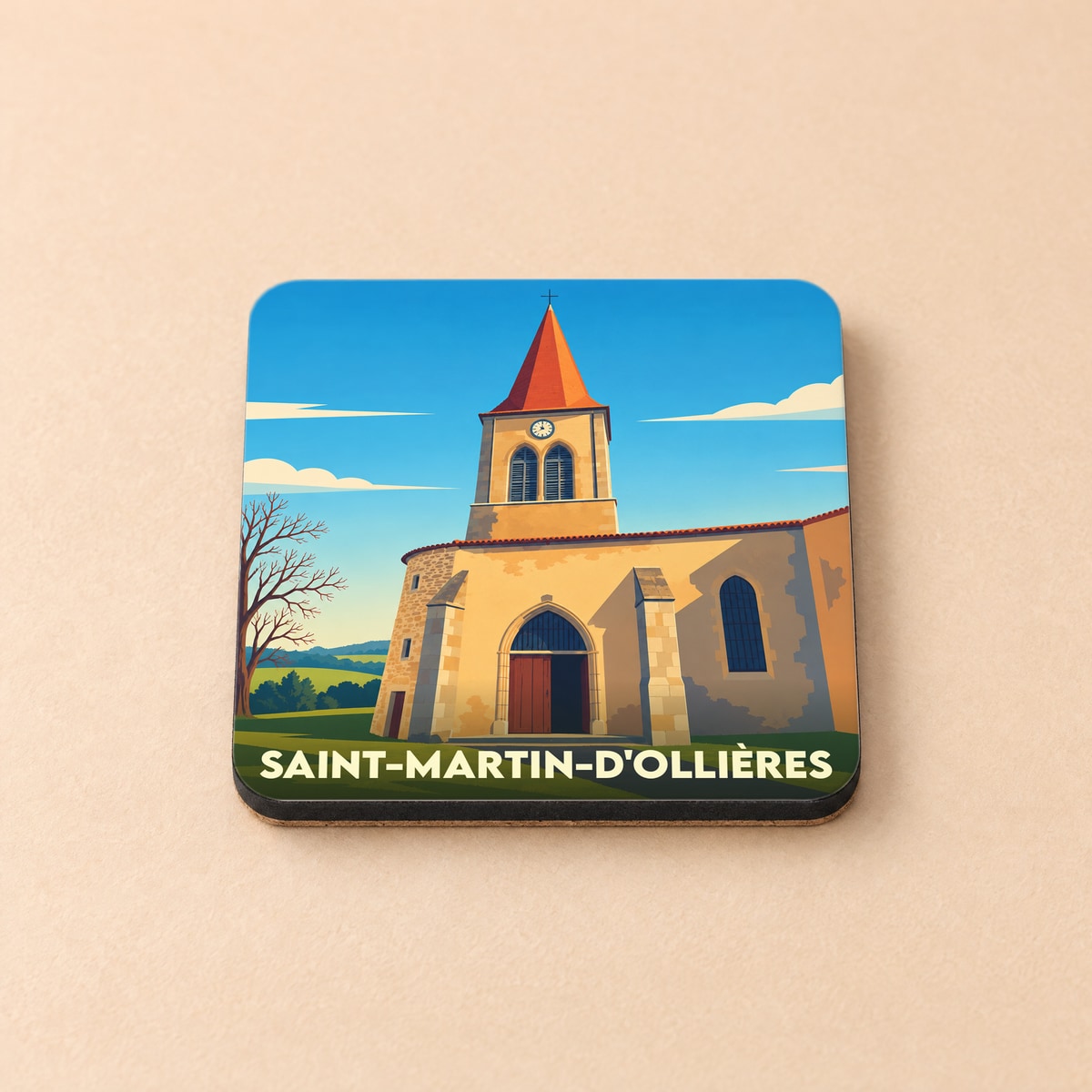 Dessous de verre souvenir de la ville de Saint-Martin-d'Ollières avec une illustration stylisée de son église.