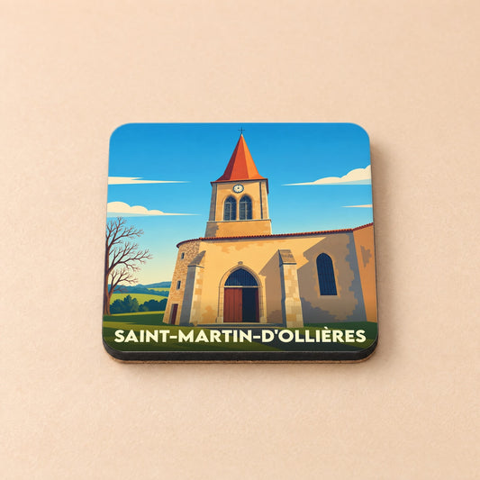 Dessous de verre souvenir de la ville de Saint-Martin-d'Ollières avec une illustration stylisée de son église.