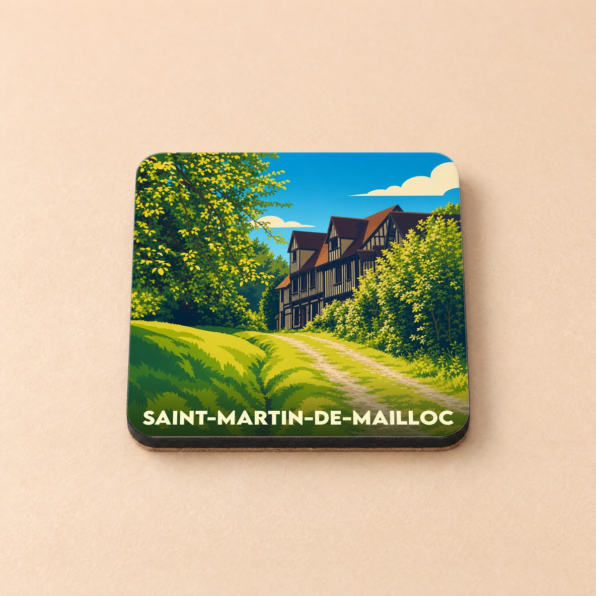 Dessous de verre souvenir de la ville de Saint-Martin-de-Mailloc avec une illustration stylisée.