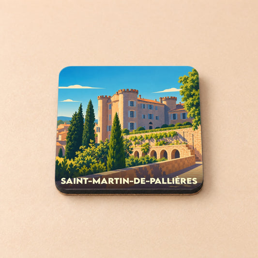 Dessous de verre souvenir de la ville de Saint-Martin-de-Pallières avec une illustration stylisée de son château.