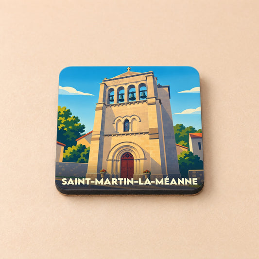 Dessous de verre souvenir de la ville de Saint-Martin-la-Méanne avec une illustration stylisée de son église.