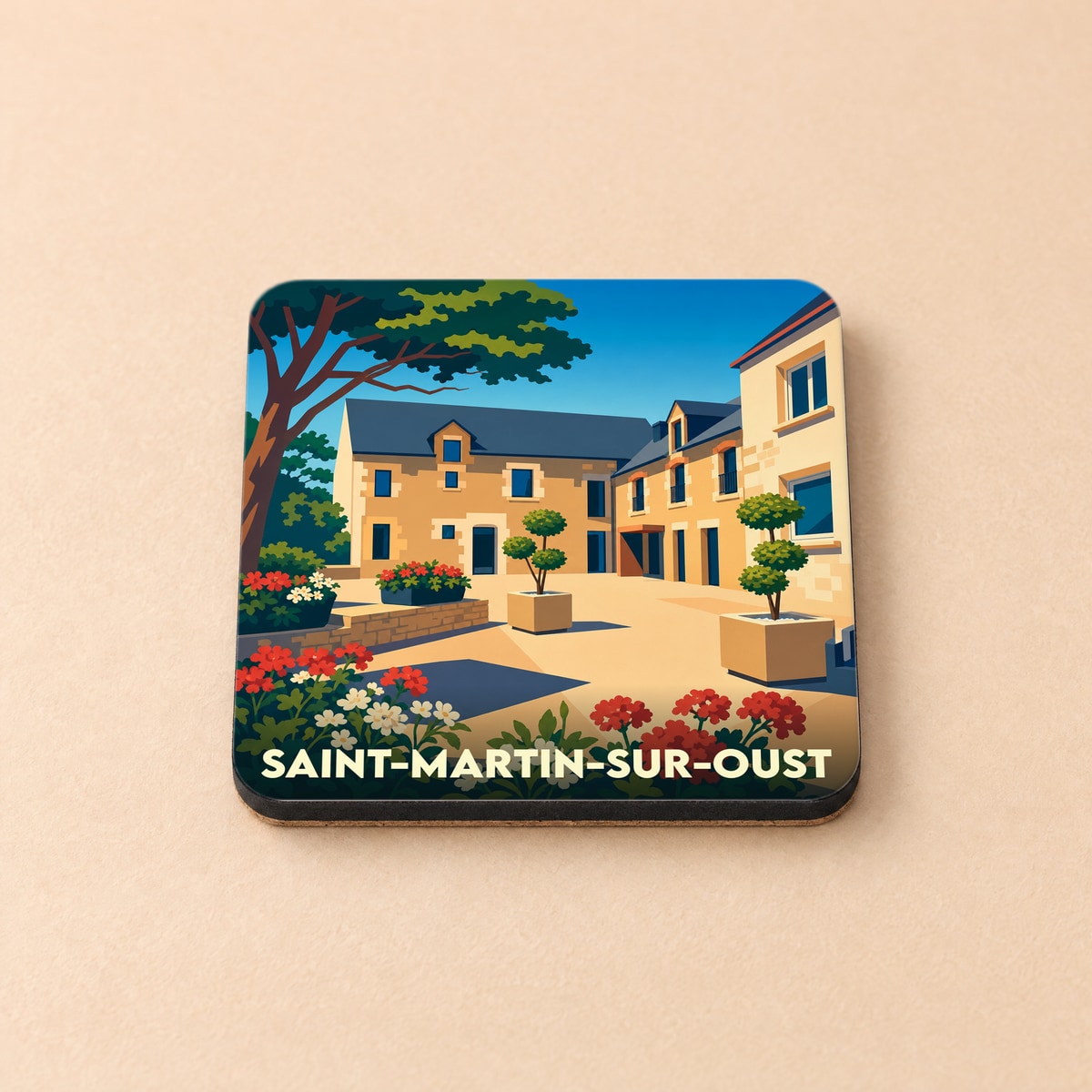 Dessous de verre souvenir de la ville de Saint-Martin-sur-Oust avec une illustration stylisée.