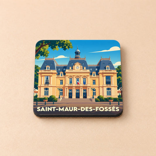 Dessous de verre souvenir de la ville de Saint-Maur-des-Fossés avec une illustration stylisée de son hôtel de ville.