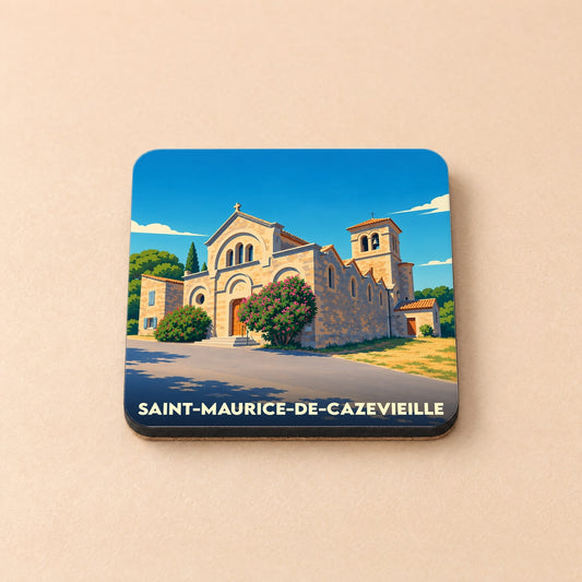 Dessous de verre souvenir de la ville de Saint-Maurice-de-Cazevieille avec une illustration stylisée de son église.
