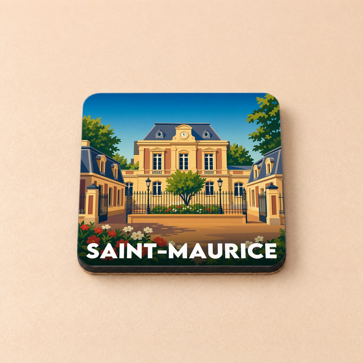 Dessous de verre souvenir de la ville de Saint-Maurice avec une illustration stylisée d'un bâtiment historique.