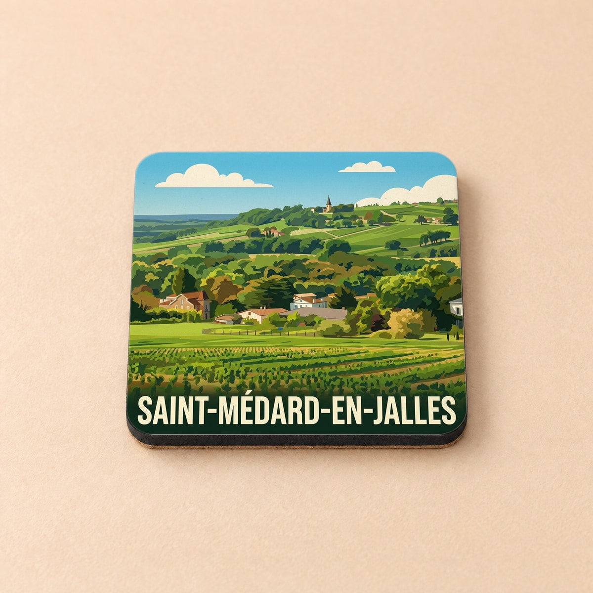 Dessous de verre souvenir de la ville de Saint-Médard-en-Jalles avec une illustration paysagère stylisée.