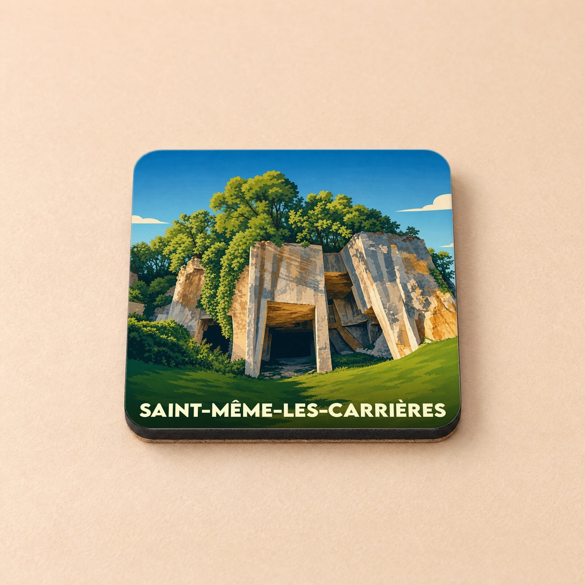 Dessous de verre souvenir de la ville de Saint-Même-les-Carrières avec une illustration stylisée de ses carrières de pierre.