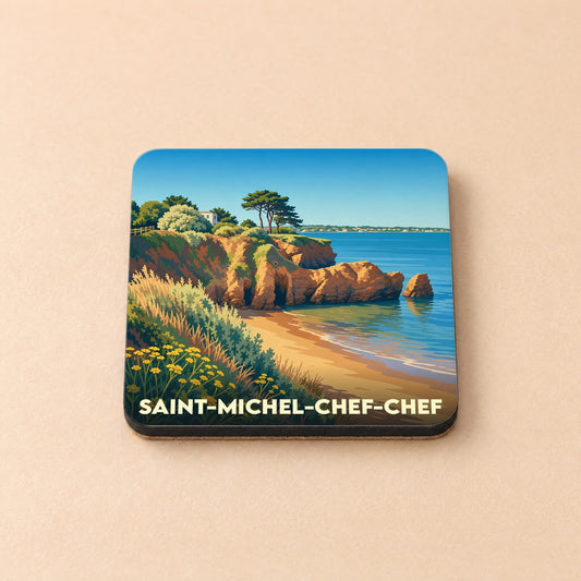 Dessous de verre souvenir de Saint-Michel-Chef-Chef avec une illustration stylisée de son littoral.