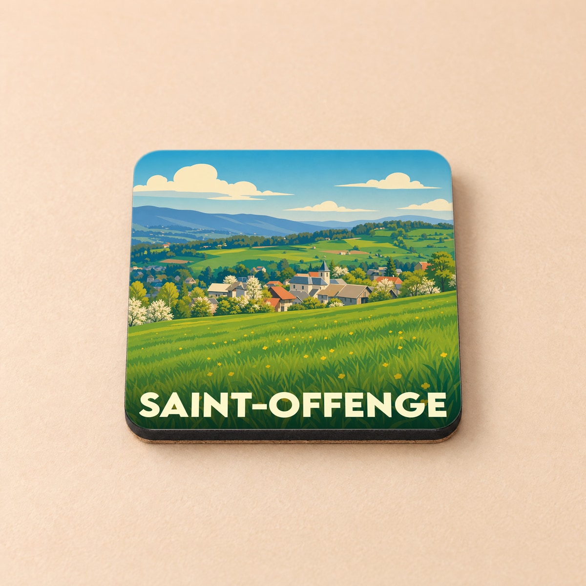 Dessous de verre souvenir de Saint-Offenge illustrant un paysage de campagne vallonné au style épuré.