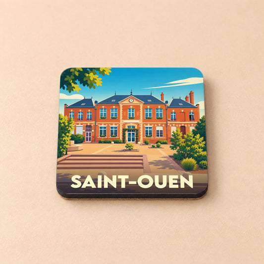 Dessous de verre souvenir de la ville de Saint-Ouen avec une illustration stylisée de son hôtel de ville.