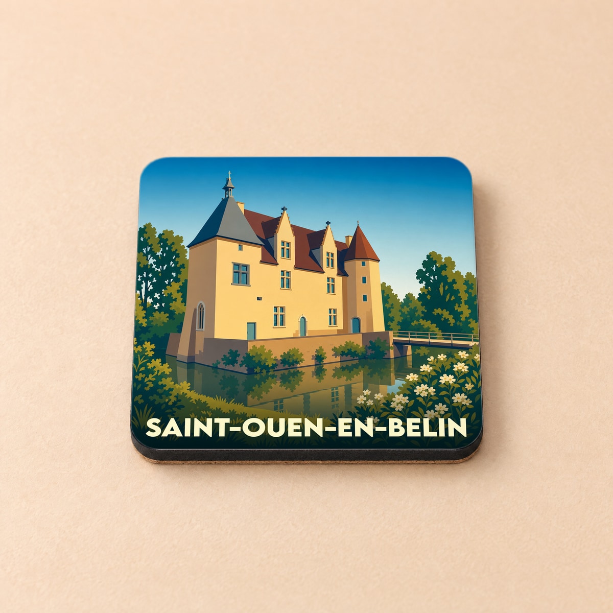 Dessous de verre souvenir de la ville de Saint-Ouen-en-Belin avec une illustration stylisée d'un château au bord de l'eau.