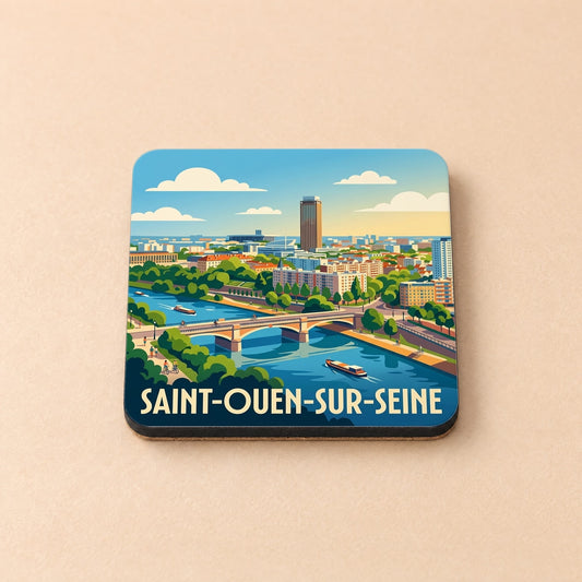 Dessous de verre souvenir de la ville de Saint-Ouen-sur-Seine avec une illustration stylisée des bords de Seine.