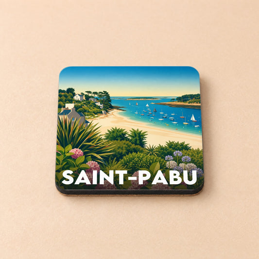 Dessous de verre souvenir de la ville de Saint-Pabu avec une illustration côtière stylisée.