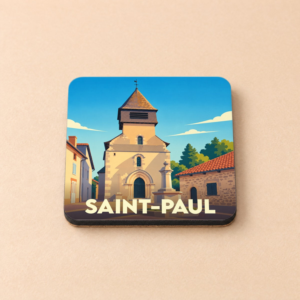 Dessous de verre souvenir de la ville de Saint-Paul avec une illustration stylisée de son église.