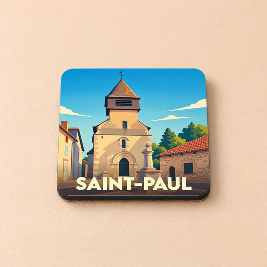 Dessous de verre souvenir de la ville de Saint-Paul avec une illustration stylisée de son église.