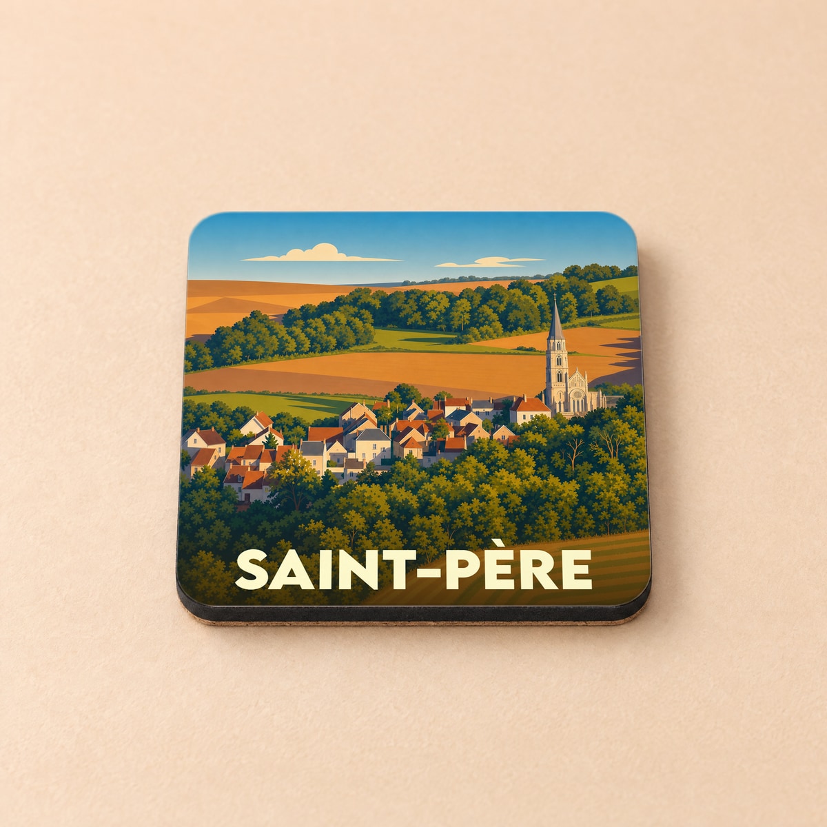 Dessous de verre souvenir de la ville de Saint-Père avec une illustration stylisée d'un village français.